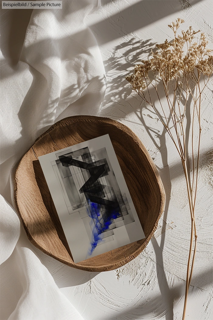 Abstract black and blue artwork on a wooden plate with dried grass on a white textured surface.