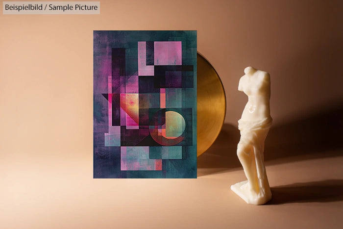 Abstract geometric art with purple and teal squares beside a white sculpture on a beige background.