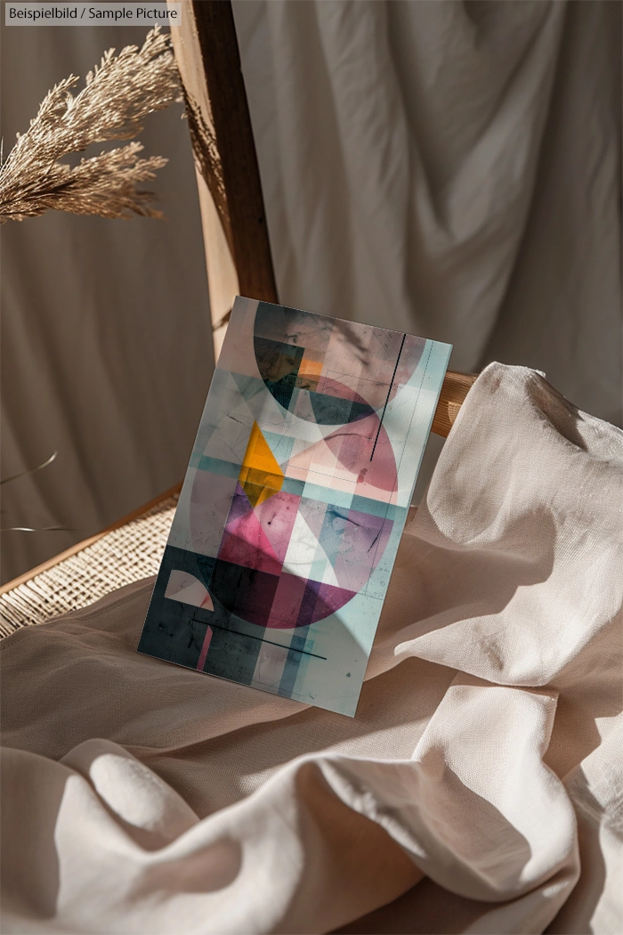 Abstract geometric artwork with layered shapes on draped fabric in warm, soft lighting.