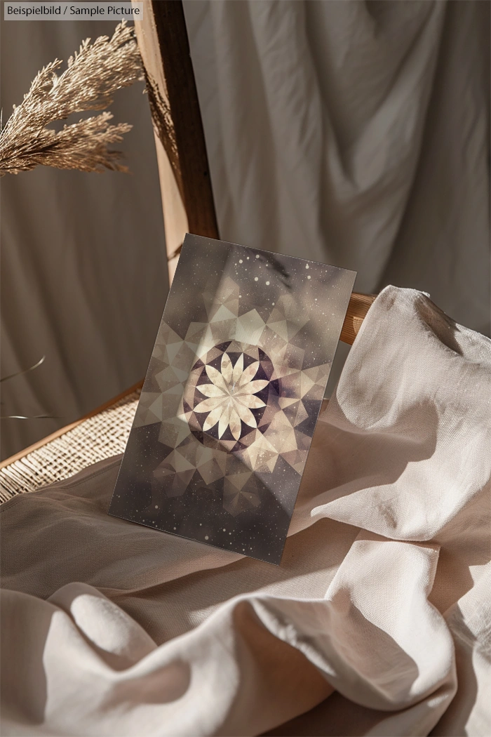 Geometric mandala artwork on textured fabric, with sunlight casting shadows, and wheat stalk in background.