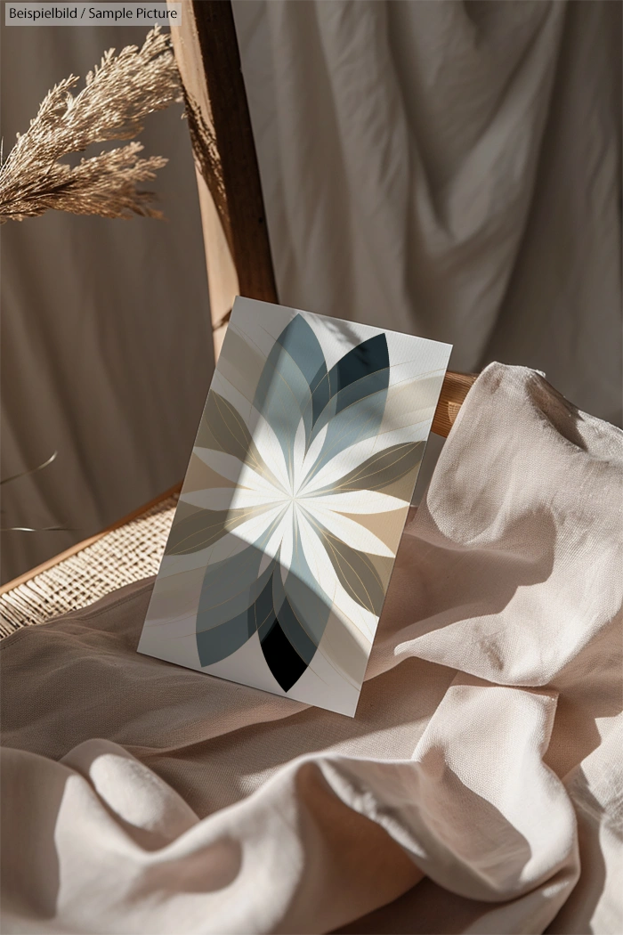 Abstract geometric floral print on a card resting on beige fabric with sunlight and shadows.