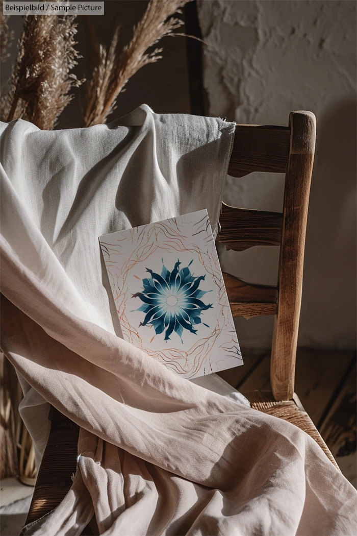 Art print with blue flower on a brown wooden chair draped with beige fabric, adorned with dried pampas grass.