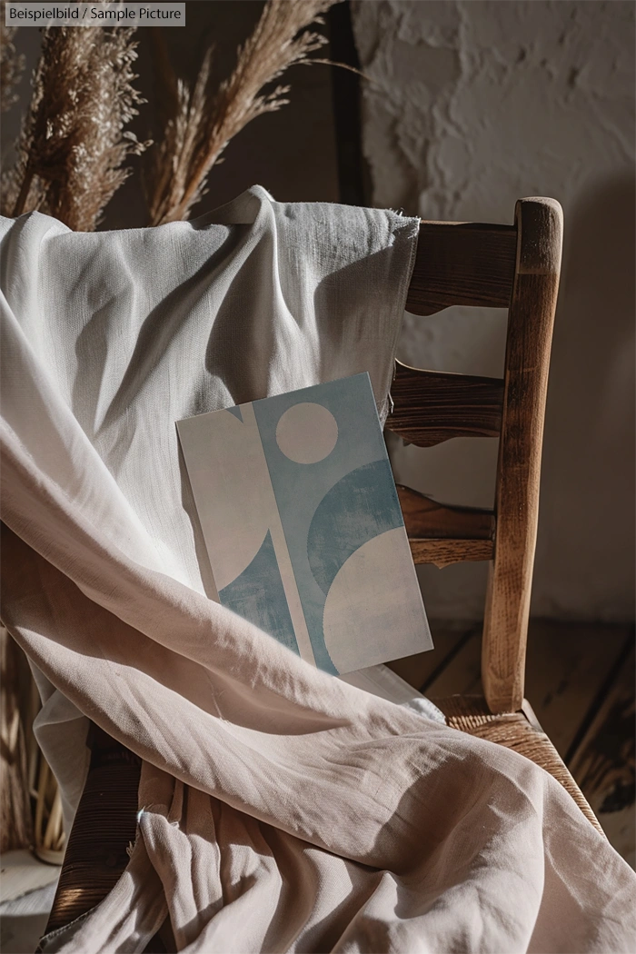 Wooden chair draped with light fabrics and an abstract art print, featuring geometric shapes in soft colors, leaning on it.