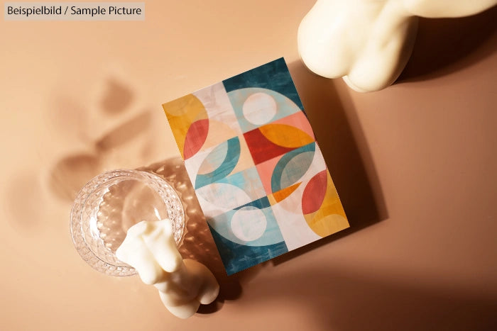 Geometric abstract artwork on a table with two white candles and a textured glass bowl.