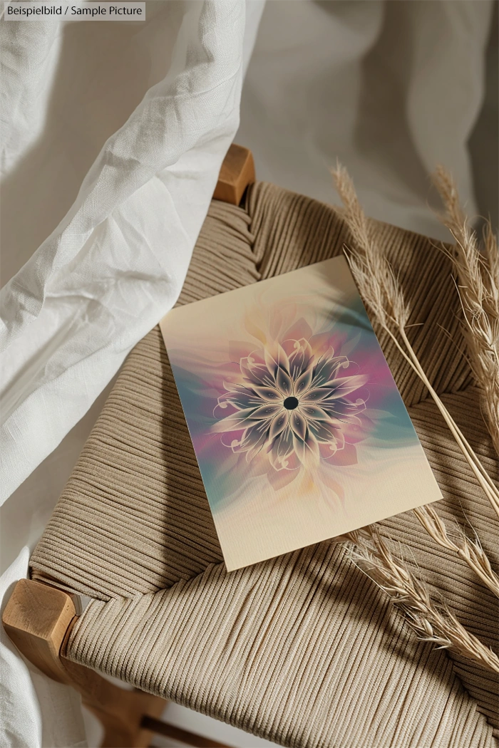 Colorful floral illustration on a wooden chair with wheat stalks and white fabric draped.