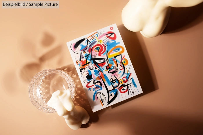 Colorful abstract art piece on table with glass bowl and two sculptures casting shadows.