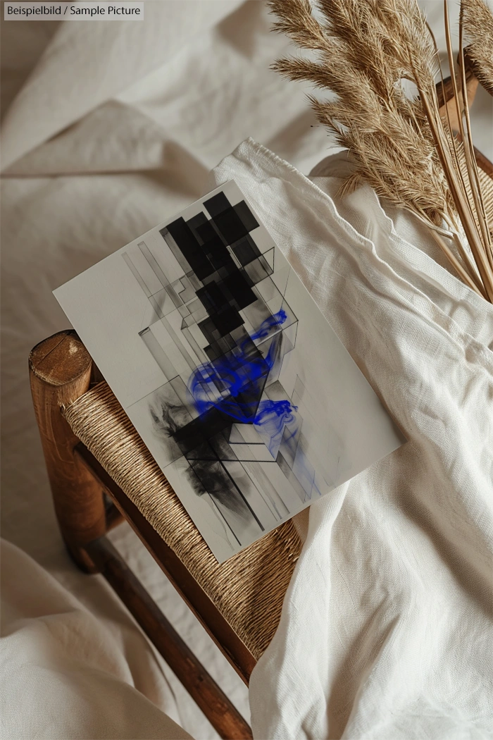 Abstract artwork with black and blue blocks on a paper, resting on a wicker chair with beige fabric and dried grasses.