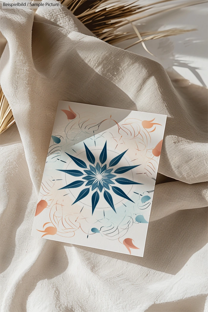 Floral patterned card on beige fabric with soft lighting and decorative elements.