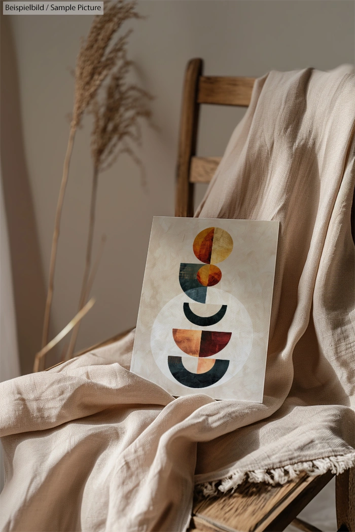 Abstract geometric art on chair draped with beige fabric, dried grass in the background.