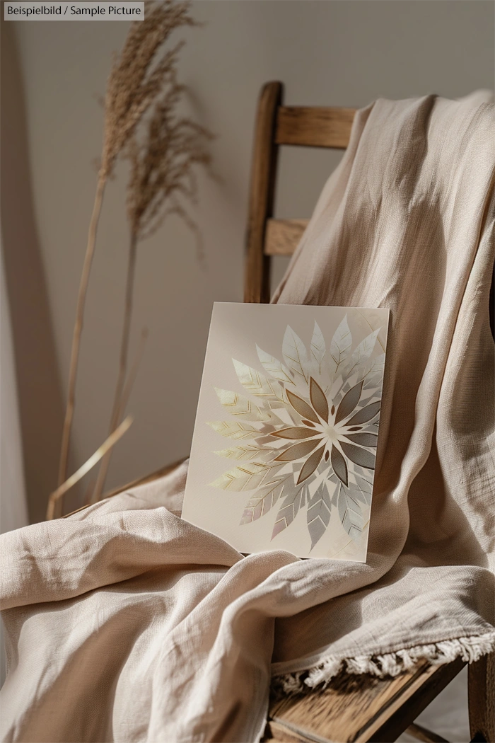 Decorative card with floral pattern on a wooden chair draped with a beige fabric in soft lighting.