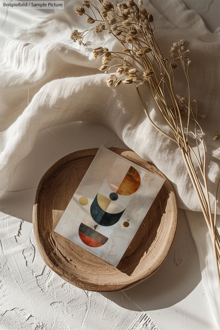 Still life with abstract art on paper, placed in a wooden bowl, surrounded by dried flowers on textured fabric.