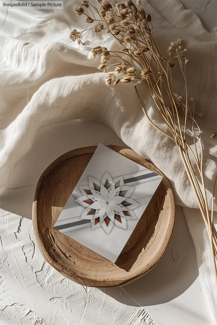 Decorative card with geometric pattern on wooden plate, dried flowers, and fabric background.