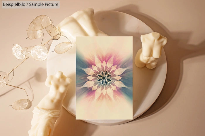 Decorative abstract flower on soft-colored backdrop with white sculptures and dried lunaria on a round table.