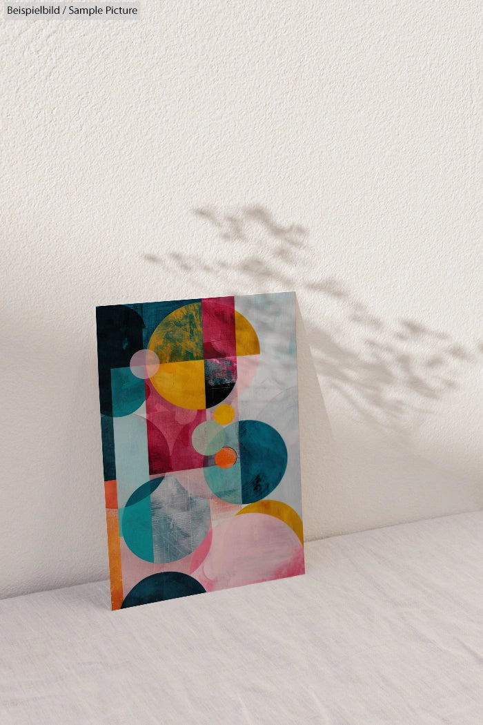 Abstract geometric art print with colorful circles and rectangles on a white wall with shadow.