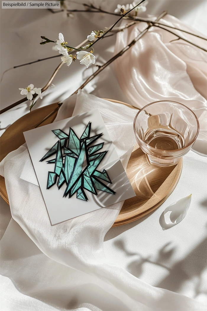 Glass artwork with teal geometric shapes on wooden tray, beside a glass of water, on white silk fabric and blossom branch.