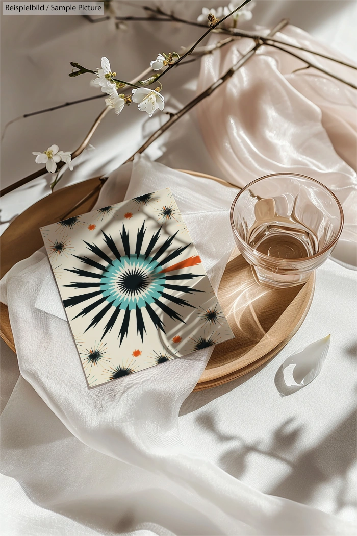 Artistic card with abstract starburst on wooden plate beside glass and soft cloth, surrounded by cherry blossom branches.