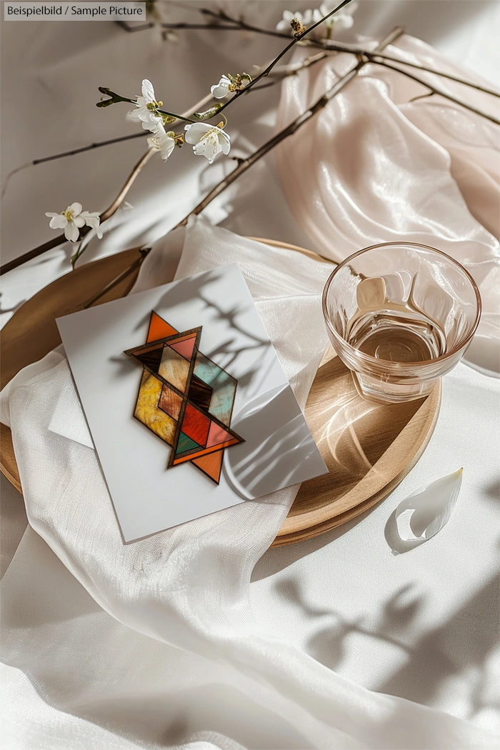 Geometric artwork on white fabric, wooden tray with glass, and cherry blossom branches under soft lighting.