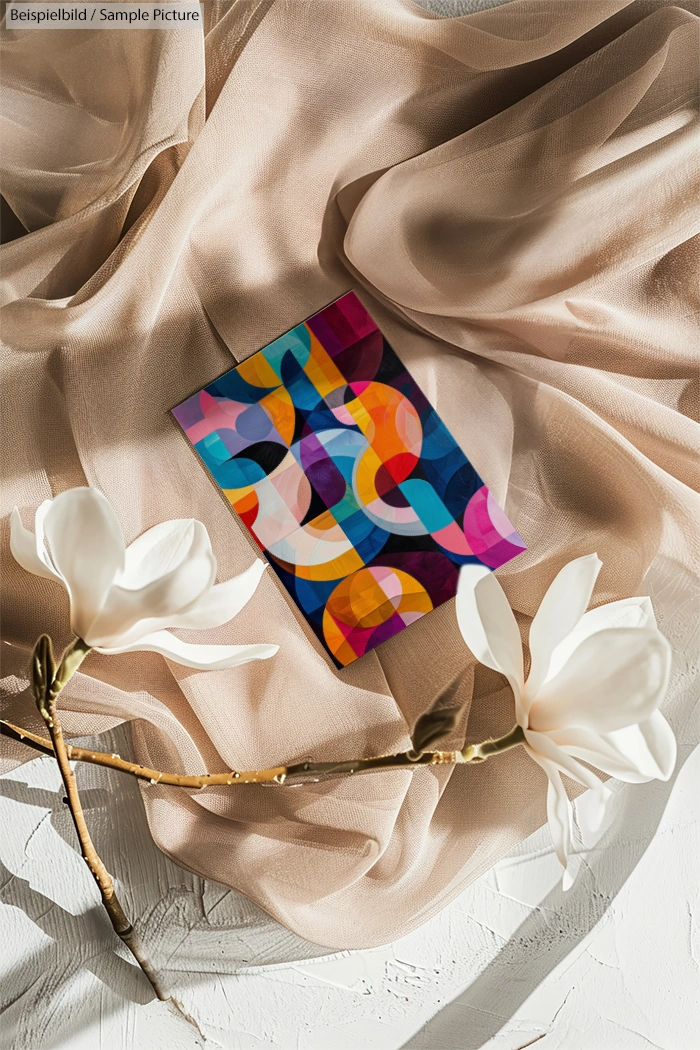 Abstract geometric painting with vibrant colors on draped beige fabric, accompanied by white magnolia flowers.