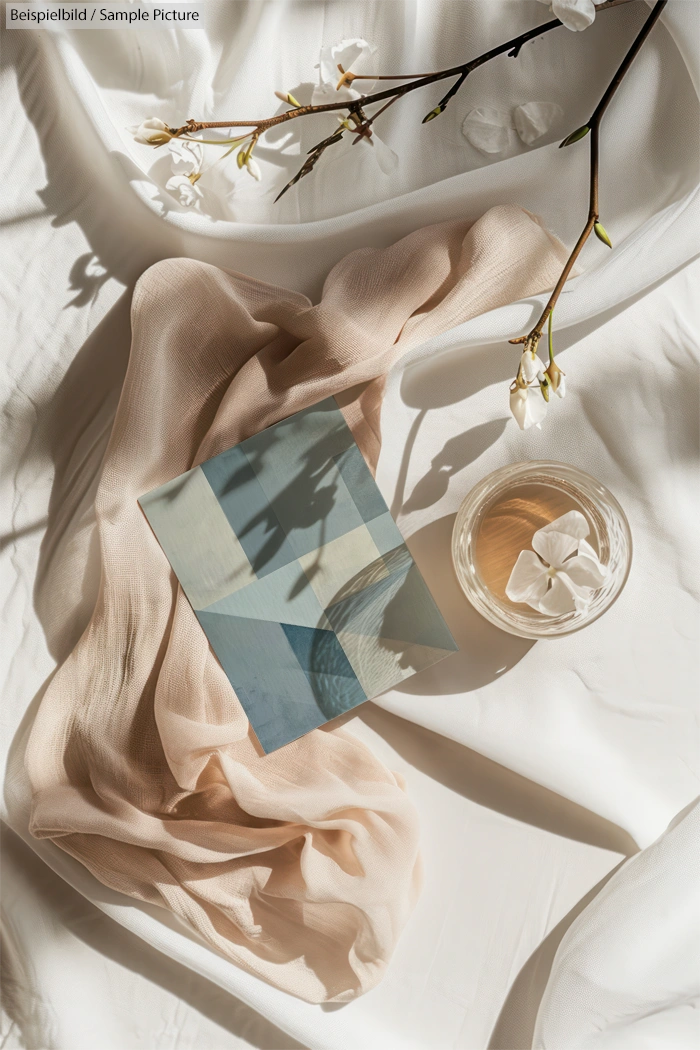 Elegant flat lay with fabric, glass, flowers, and geometric art. Soft lighting and shadows create a serene atmosphere.