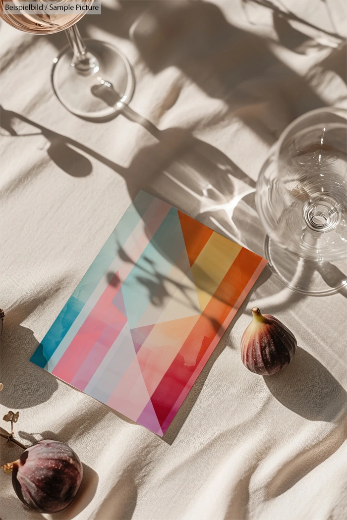 Colorful geometric card on white tablecloth with figs and glassware, casting shadows.