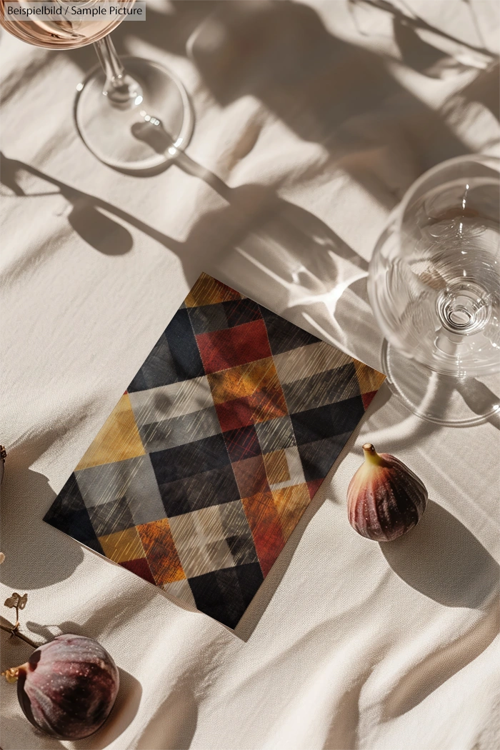 Textured fabric swatch with red, blue, and yellow pattern on white cloth, accompanied by figs and glass shadow.