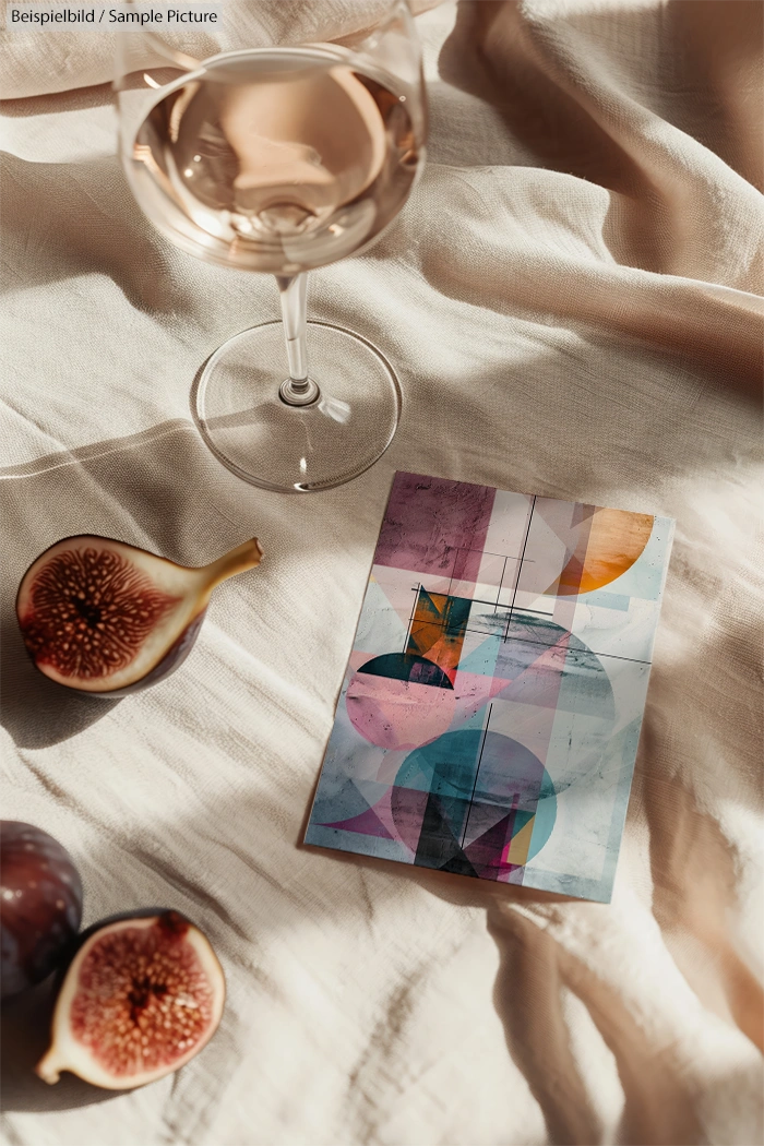 Wine glass, figs, abstract art on fabric backdrop with soft lighting.