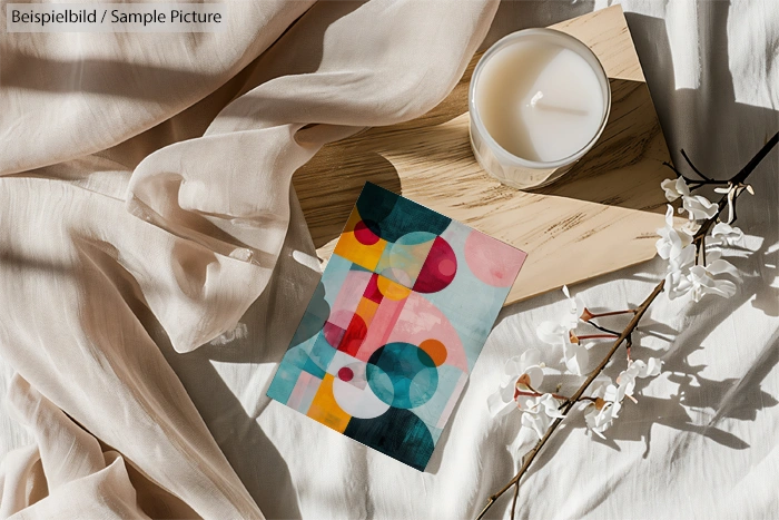 Abstract colorful geometric painting beside a lit candle on a wooden board with flowing beige fabric and white flowers.