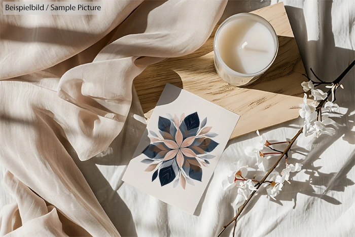 Candle and floral card on wooden board with white fabric and blossoming branch in sunlight.