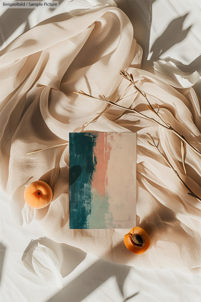 Abstract painting on beige fabric with two apricots and a branch, creating a soft, artistic composition.