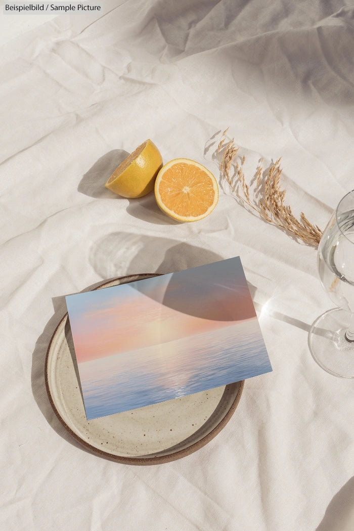 Postcard on ceramic plate with ocean sunset, next to cut lemon, dried grasses, and glass on crumpled cloth.