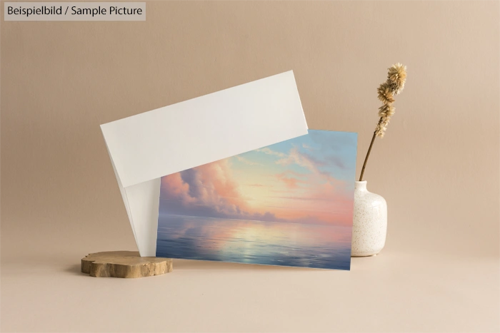 Postcard with pastel sunset on water, next to envelope and vase on wooden slab against beige background.