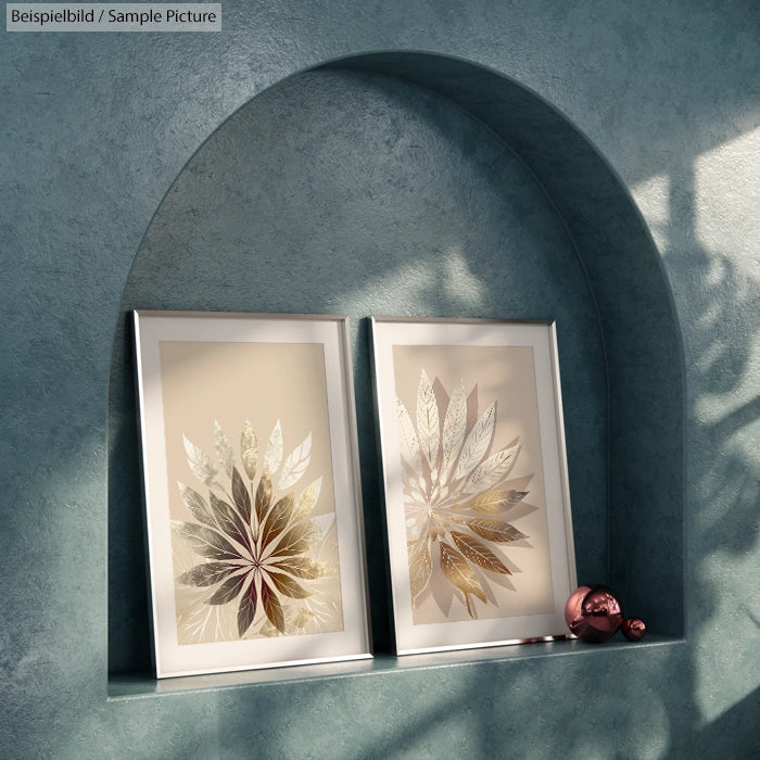 Two framed floral prints on a teal shelf with decorative accents and sunlight casting shadows.