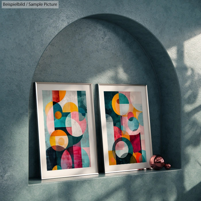 Two abstract paintings with colorful geometric shapes displayed on a curved shelf against a textured wall.