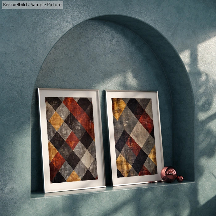 Geometric art pieces with diamond patterns in bold colors, framed and displayed on a curved shelf with decorative spheres.