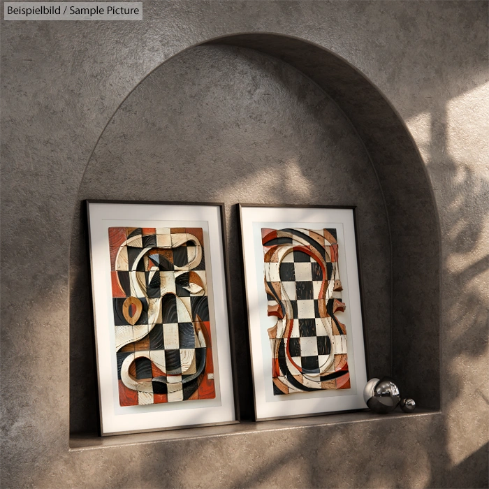 Two abstract paintings with geometric patterns in a stone alcove, featuring checkerboard and swirl designs.