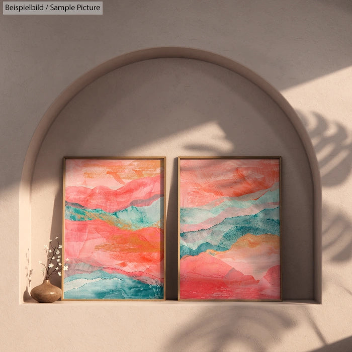 Two abstract paintings with pink, orange, and teal hues, displayed on a shelf with a small decorative vase.