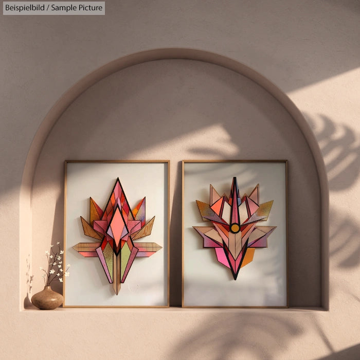 Two framed abstract artworks with geometric shapes and vibrant colors in a wooden niche, casting soft shadows.