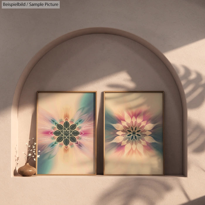 Two abstract flower paintings on an arched wall shelf, lit by soft natural light with shadow patterns.