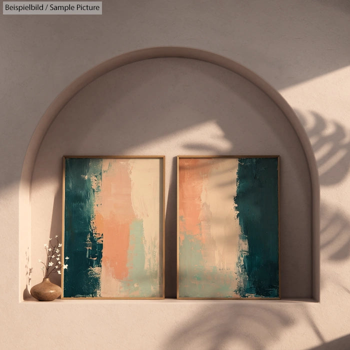 Two abstract paintings with teal and peach hues on a shelf in an arched alcove.