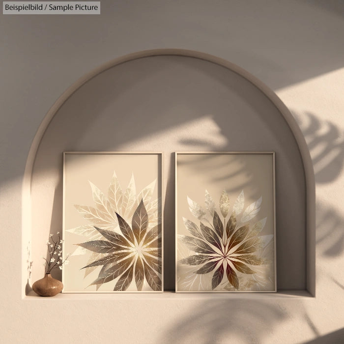 Two botanical art prints with leaf patterns in a sunlit niche, next to a small vase on a shelf.