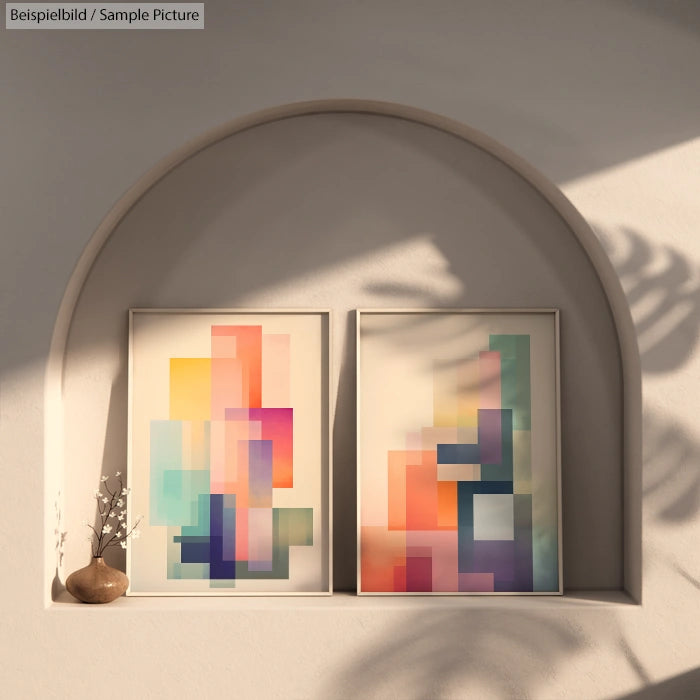 Two abstract paintings with colorful geometric shapes on an arched wall shelf, shadows of leaves cast on the wall.