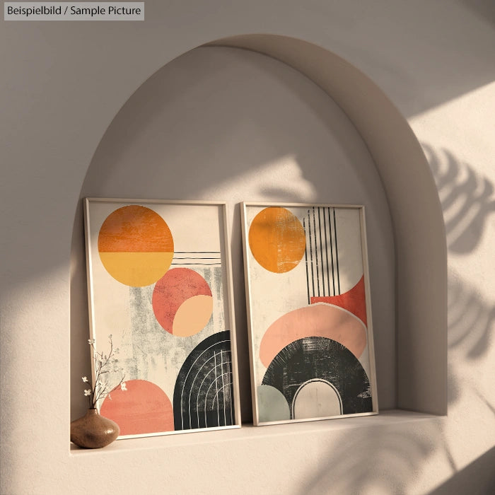 Two framed abstract paintings with geometric shapes in various colors under a soft-lit archway.