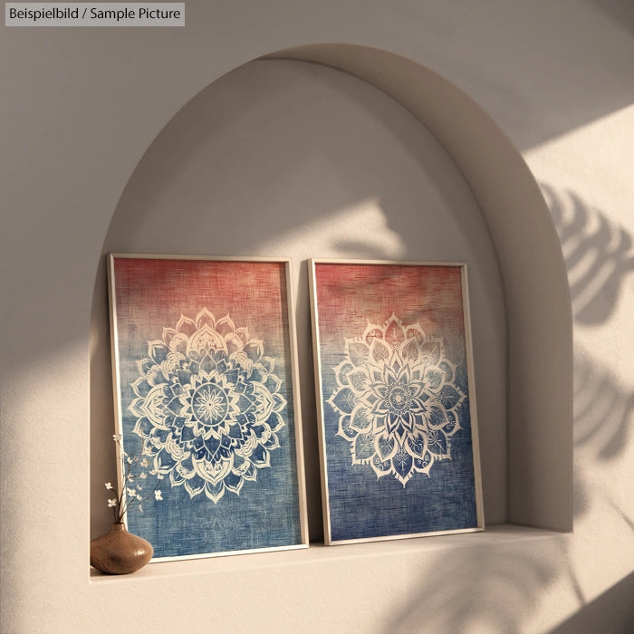 Two framed mandala artworks on a shelf under an arched alcove, with a small vase of flowers in soft lighting.