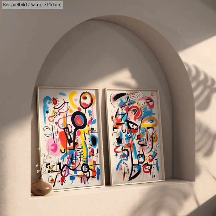 Two vibrant abstract paintings in a curved alcove, featuring bold colors and dynamic patterns.