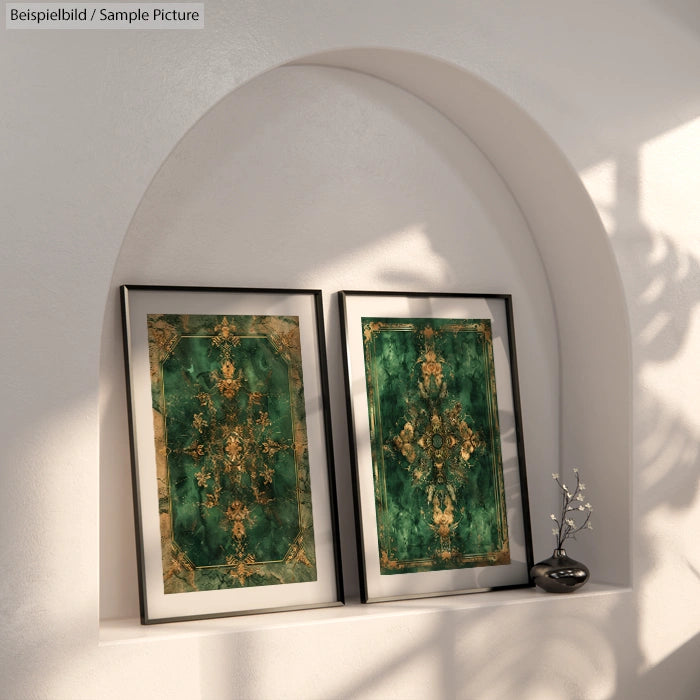 Two framed paintings with intricate green and gold patterns displayed on an arched niche shelf, with soft shadows on the wall.