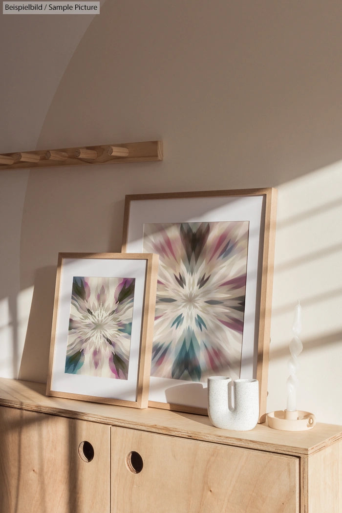 Sunlit room with two framed abstract artworks on a wooden cabinet, featuring pastel symmetrical patterns.