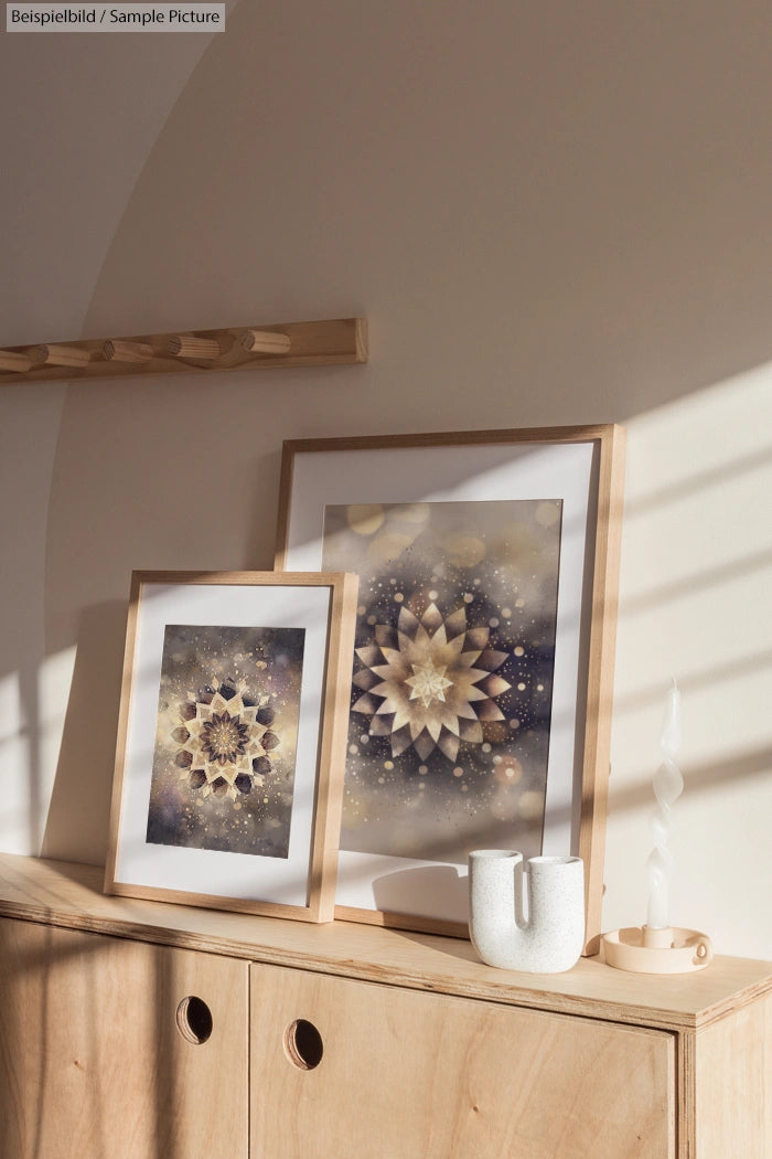 Sunlit wooden cabinet with geometric art in frames and white ceramic decor against curved wall shadow.