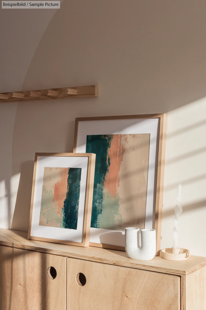 Two abstract paintings in wooden frames on a light wood cabinet in a sunlit room.