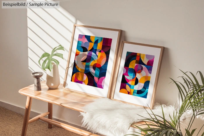 Colorful abstract art prints on wooden bench in sunlit room with potted plants.