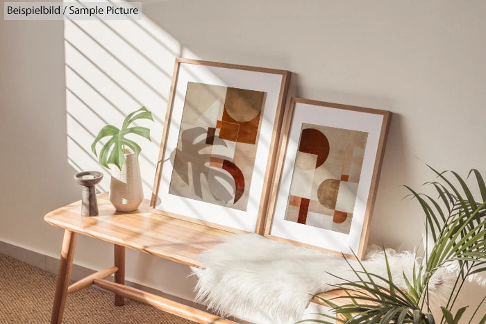 Minimalist art prints on wooden bench with potted plants and sunlight.